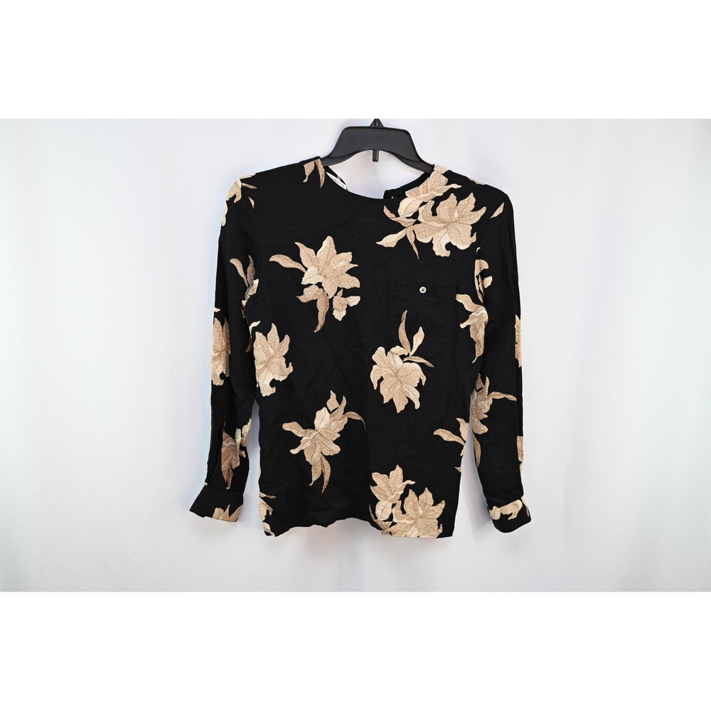 Vintage Liz Claiborne Silk Floral Shirt Blouse Black Tan Size 4 Long Sleeve